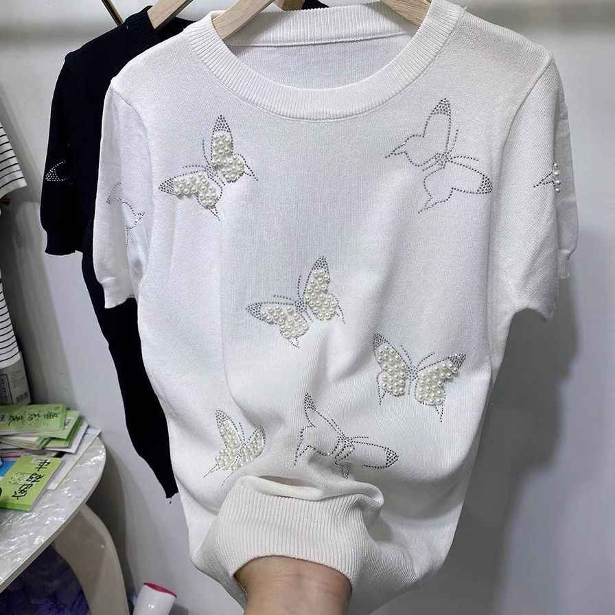 夏季韓版薄款冰絲針織衫女短袖設計感小眾釘珠燙鉆蝴蝶上衣潮
