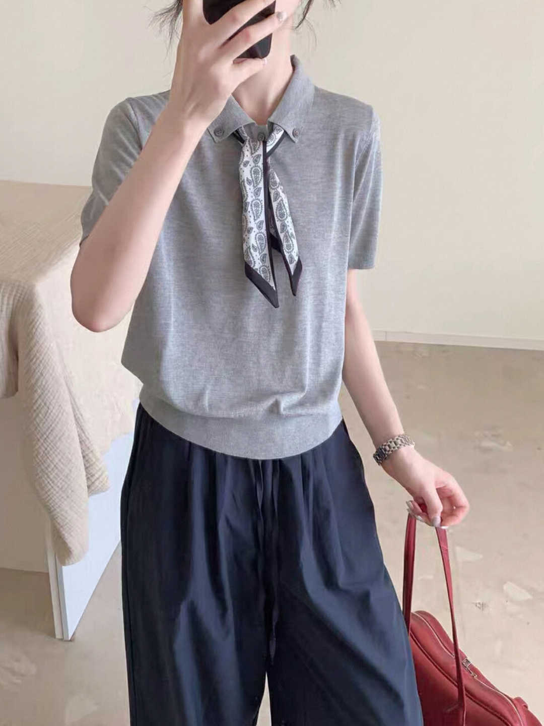 設計感絲巾薄款針織衫短袖T恤女夏季修身灰色翻領正肩polo衫上衣