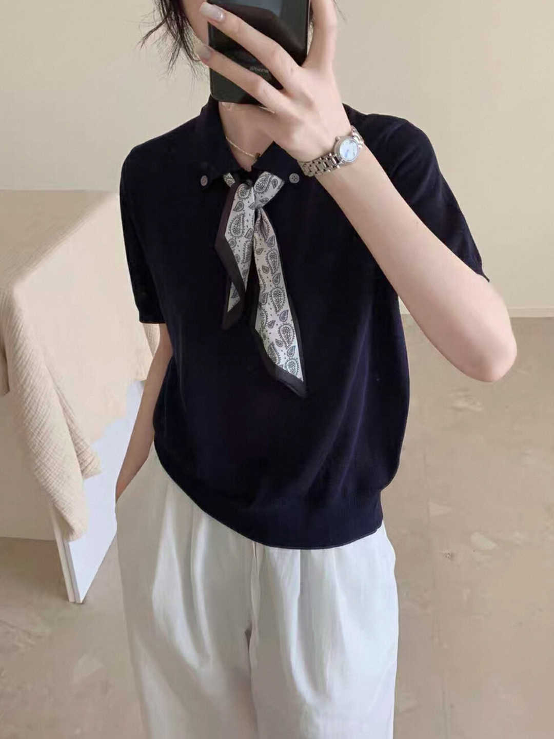 設計感絲巾薄款針織衫短袖T恤女夏季修身灰色翻領正肩polo衫上衣