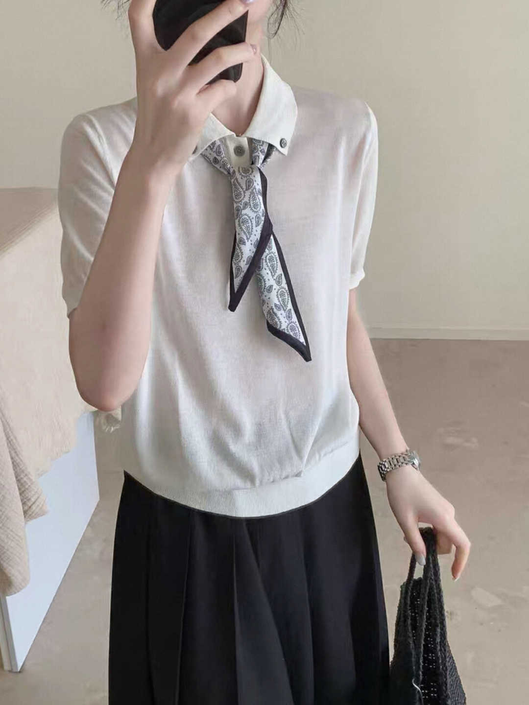 設計感絲巾薄款針織衫短袖T恤女夏季修身灰色翻領正肩polo衫上衣