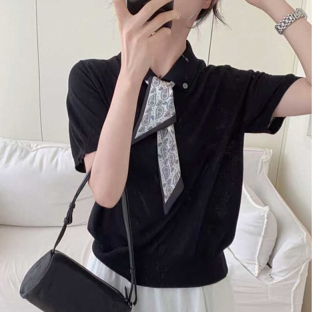設計感絲巾薄款針織衫短袖T恤女夏季修身灰色翻領正肩polo衫上衣
