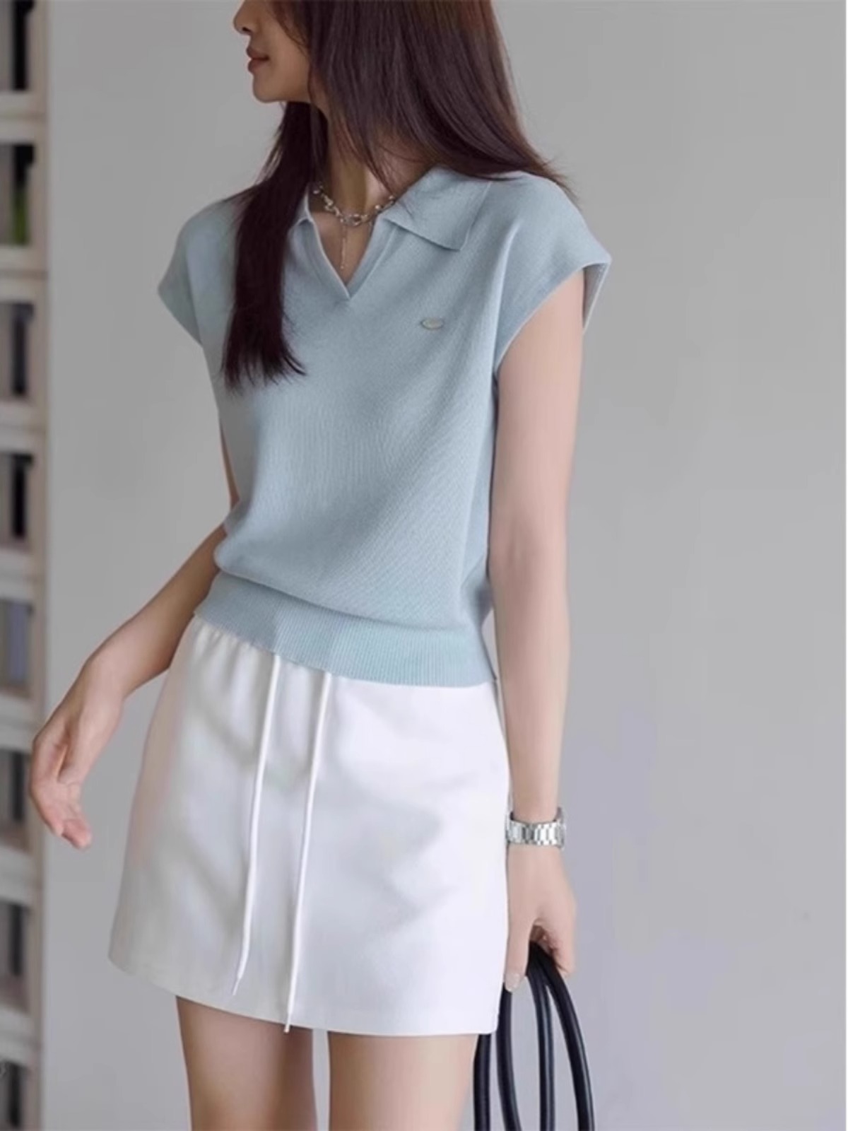 藍色冰絲polo衫短袖t恤女夏季薄款小個子正肩v領小飛袖短款上衣