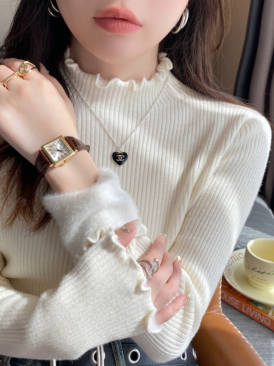 MY14795# 一体绒加绒加厚打底衫女高级感木耳边毛衣内搭冬季半高领毛衣女裝貨源服裝批發