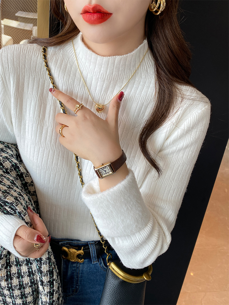 MY15805# 白色毛衣新款加绒加厚打底衫内搭保暖针织半高领上衣女裝貨源...