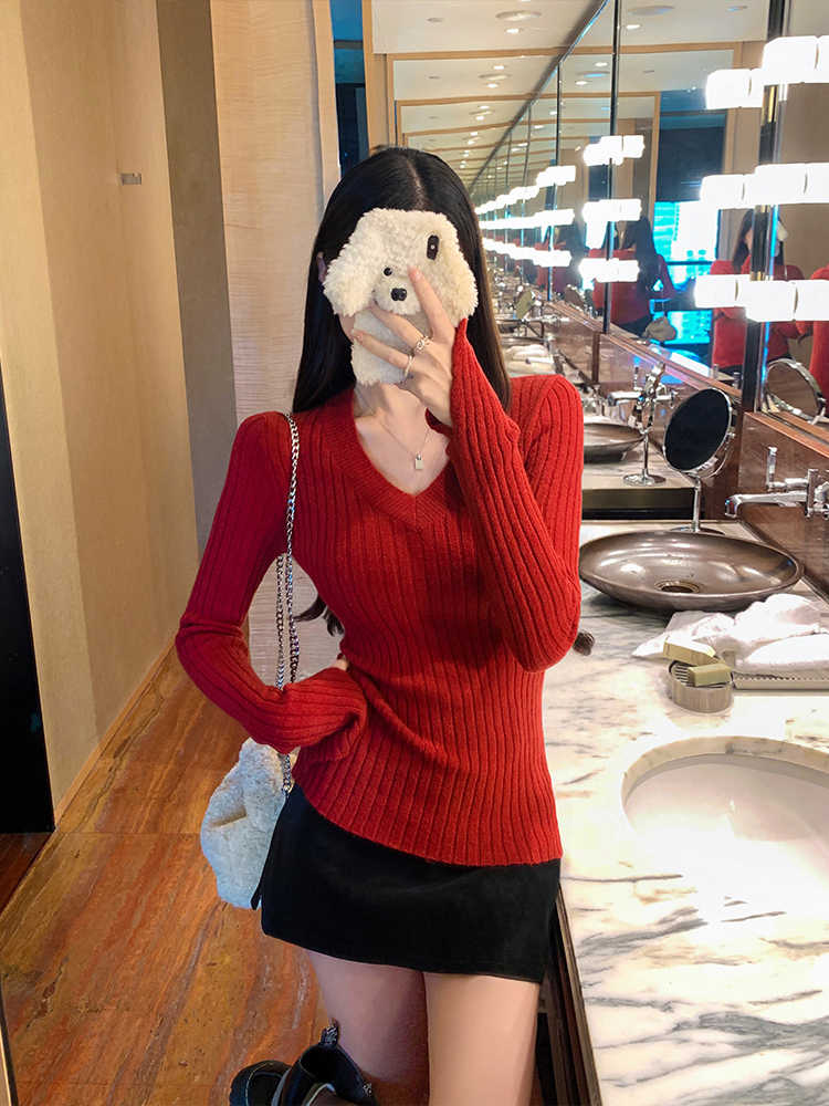 MY15929# 红色毛衣内搭打底衫修身显瘦v领针织上衣女裝貨源服裝批發