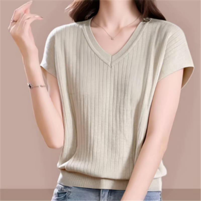 MY17586# 大码宽松新款V领条纹简约短袖针织衫女大码百搭显瘦休闲女裝...