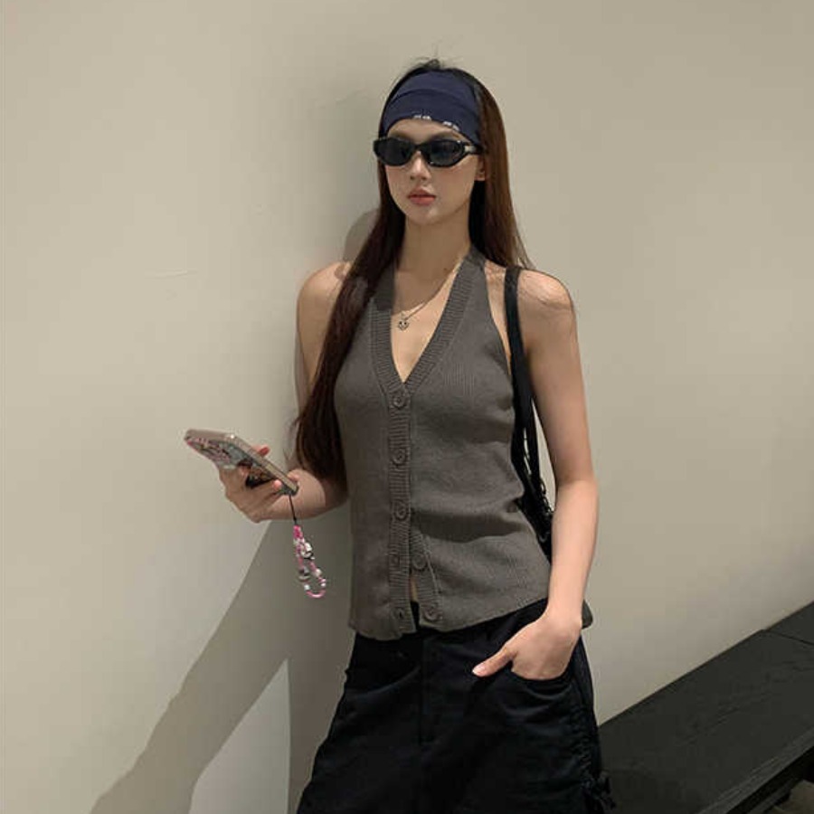 法式復古v領冰絲掛脖吊帶背心女夏外穿辣妹純欲美背無袖短款上衣