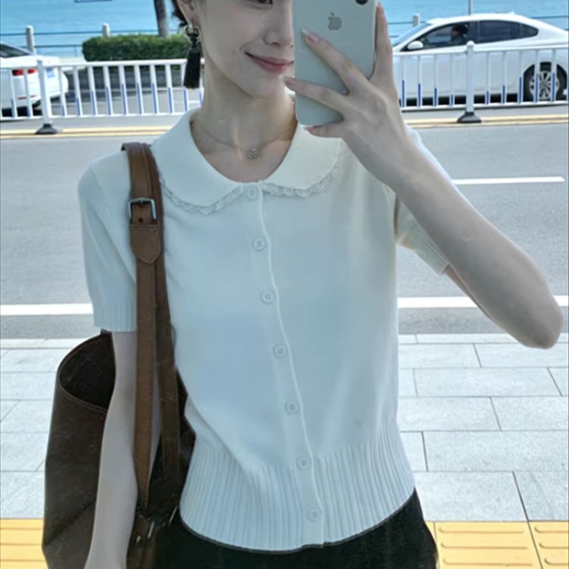 蕾絲花邊娃娃領冰絲針織衫女夏季小個子甜美洋氣減齡正肩短袖上衣