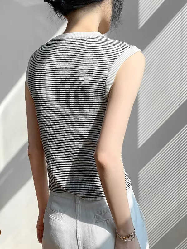 圓領條紋坎肩背心女襯衫內搭修身顯瘦無袖上衣夏