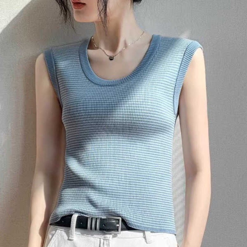 圓領條紋坎肩背心女襯衫內搭修身顯瘦無袖上衣夏