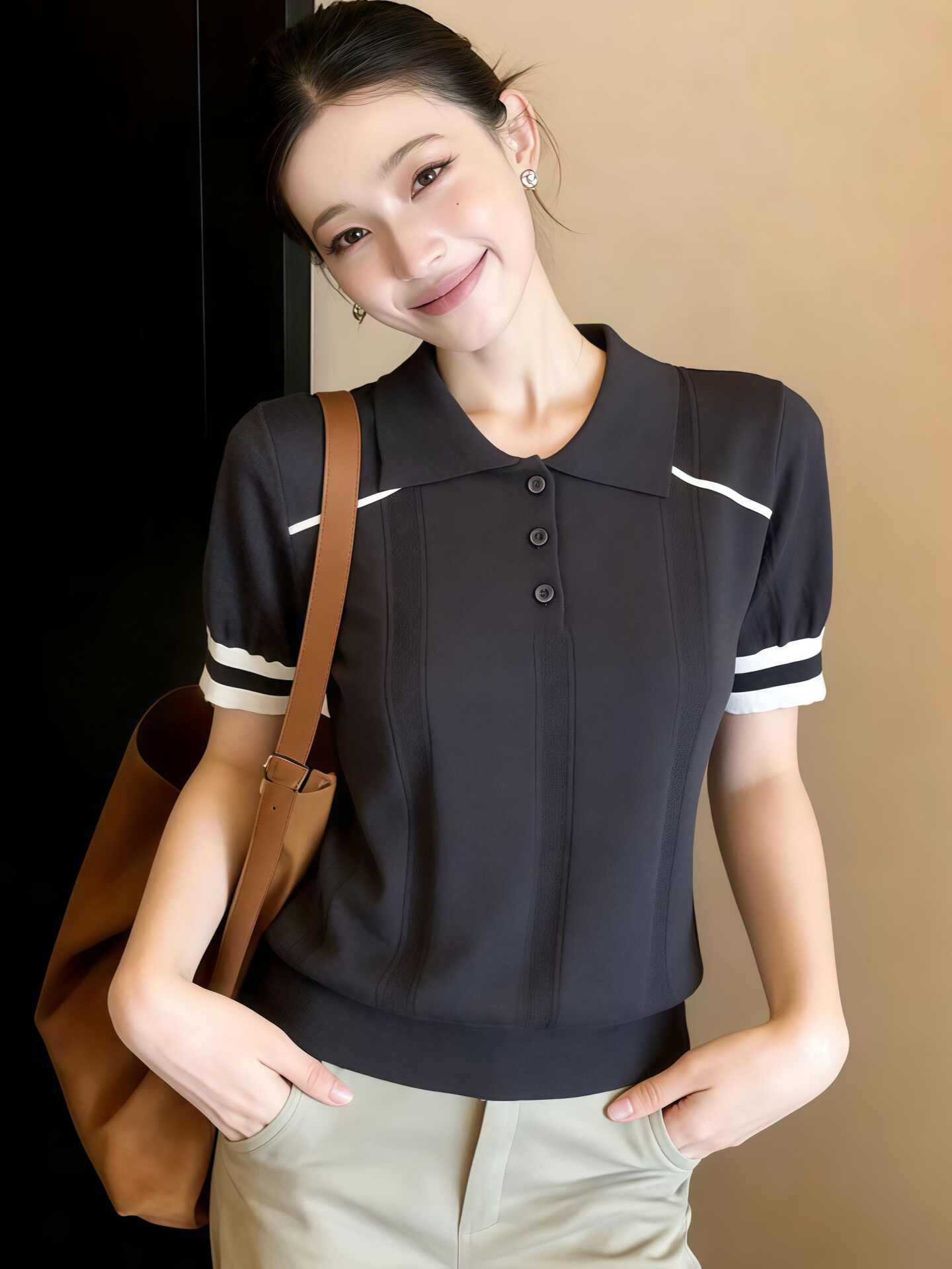 韓系穿搭針織短袖t恤女夏季2026新款獨特漂亮薄款針織衫翻領上衣