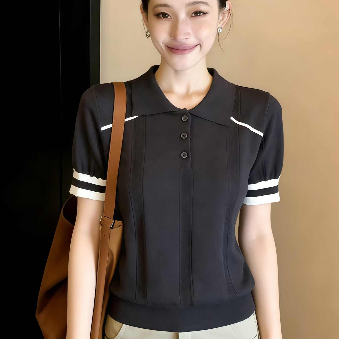 韓系穿搭針織短袖t恤女夏季2026新款獨特漂亮薄款針織衫翻領上衣
