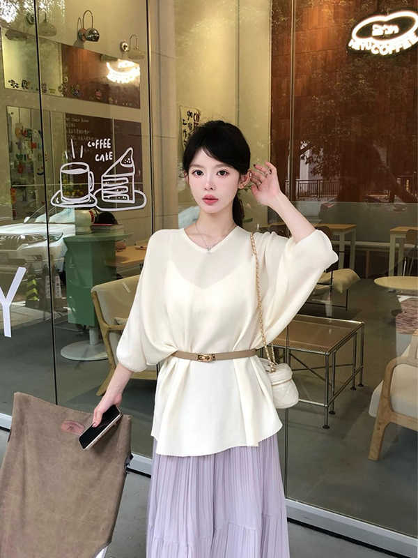 新款中長款寬松法式冰絲針織衫女夏超好看寬松收腰半袖上衣