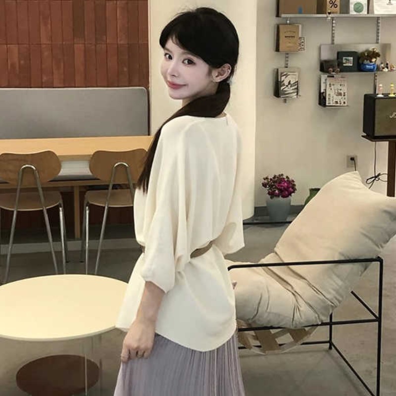 新款中長款寬松法式冰絲針織衫女夏超好看寬松收腰半袖上衣