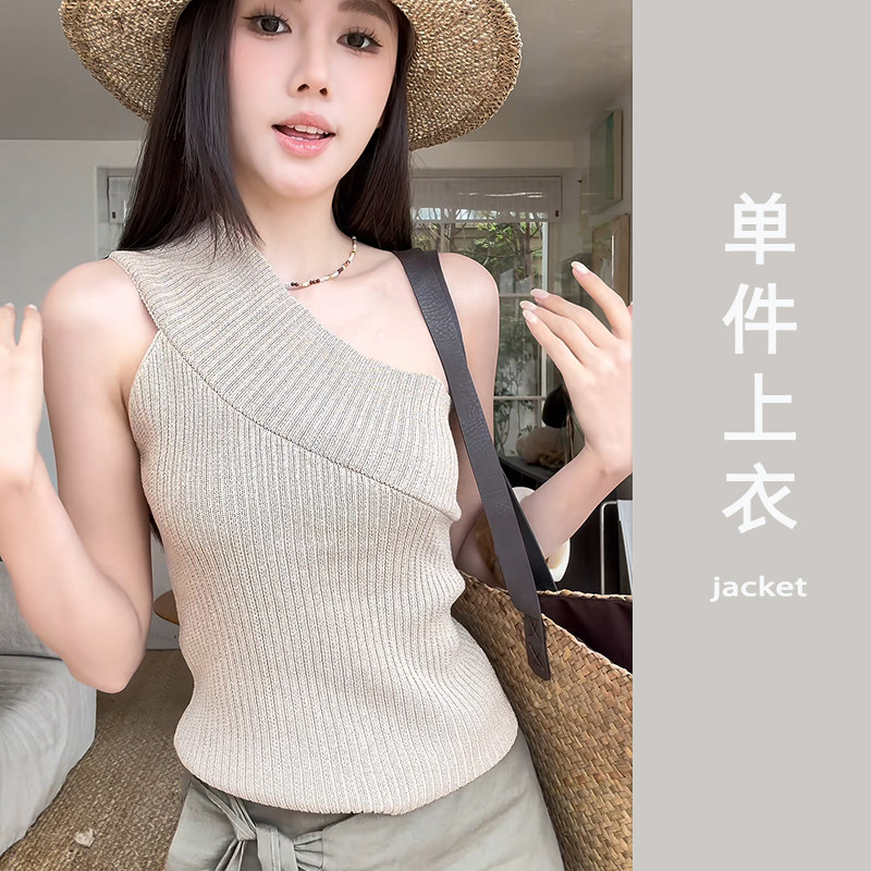 設計感斜肩無袖針織t恤女時尚小眾洋氣獨特別致修身顯瘦百搭上衣