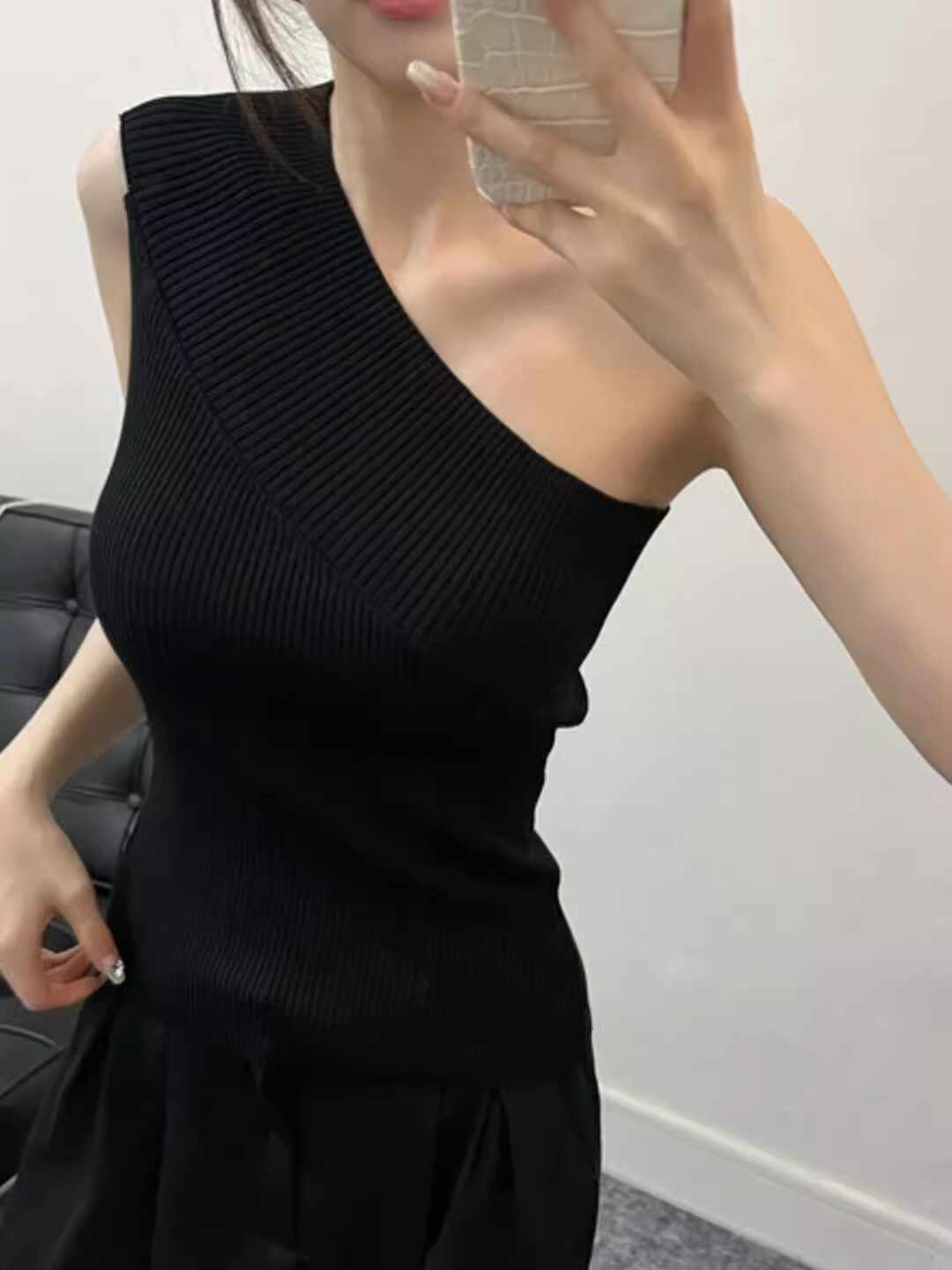 高級感露肩斜肩針織吊帶背心女夏外穿修身顯瘦絕美漂亮無袖小上衣