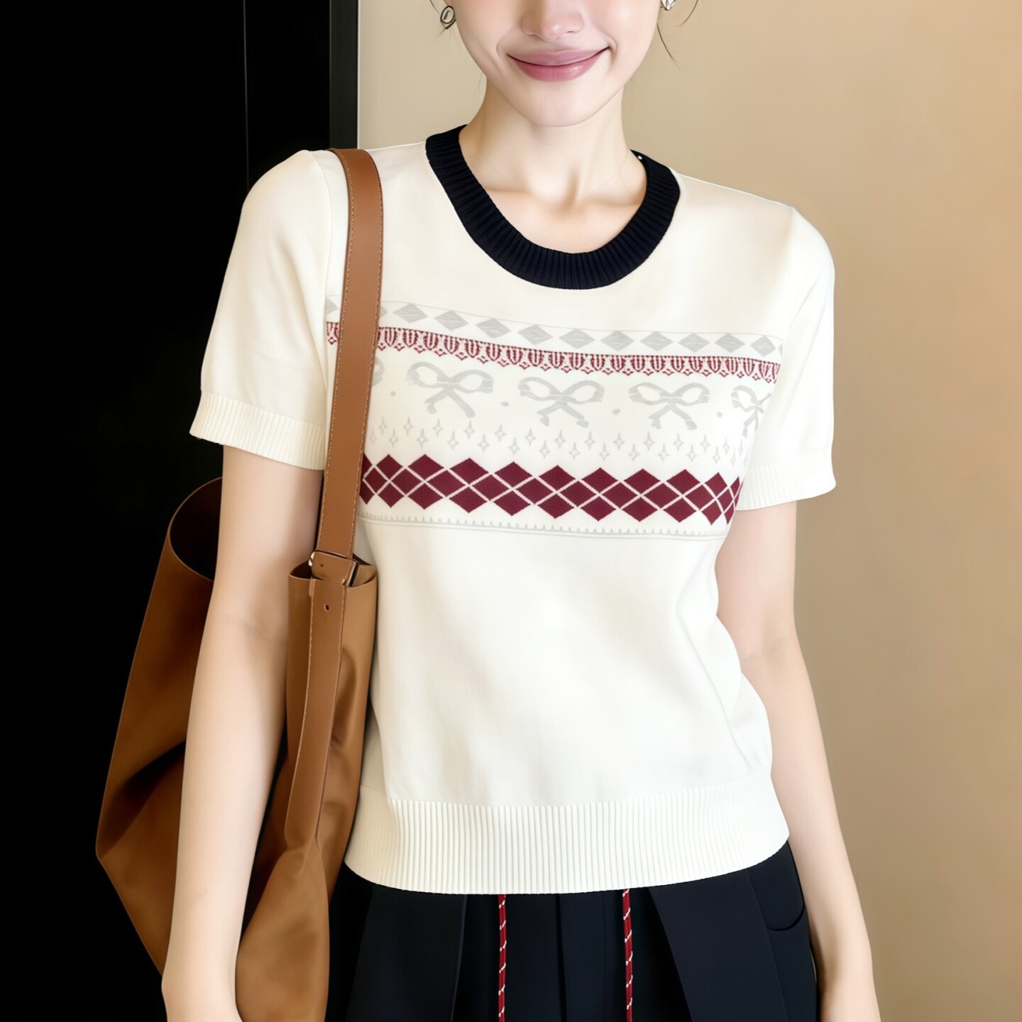 韓系穿搭撞色蝴蝶結針織短袖女2026新款夏季設計感針織衫氣質上衣