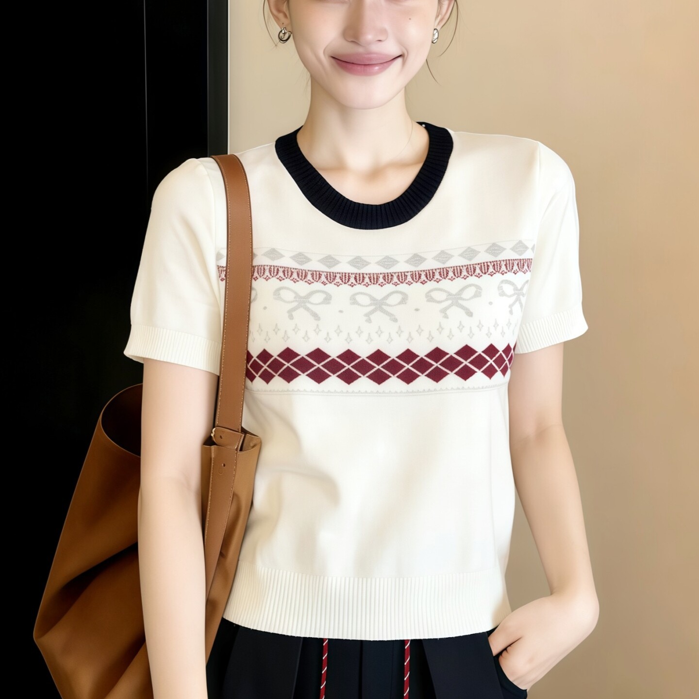 韓系穿搭撞色蝴蝶結針織短袖女2026新款夏季設計感針織衫氣質上衣