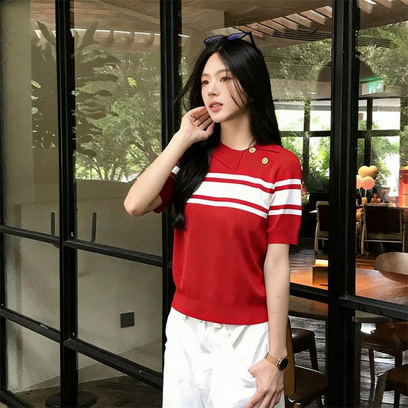 2026條紋冰絲針織短袖T恤女夏季薄款洋氣斜肩穿搭polo衫打底上衣