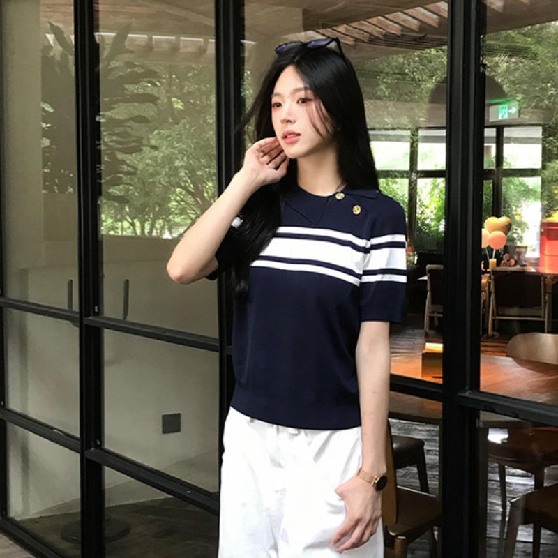 2026條紋冰絲針織短袖T恤女夏季薄款洋氣斜肩穿搭polo衫打底上衣
