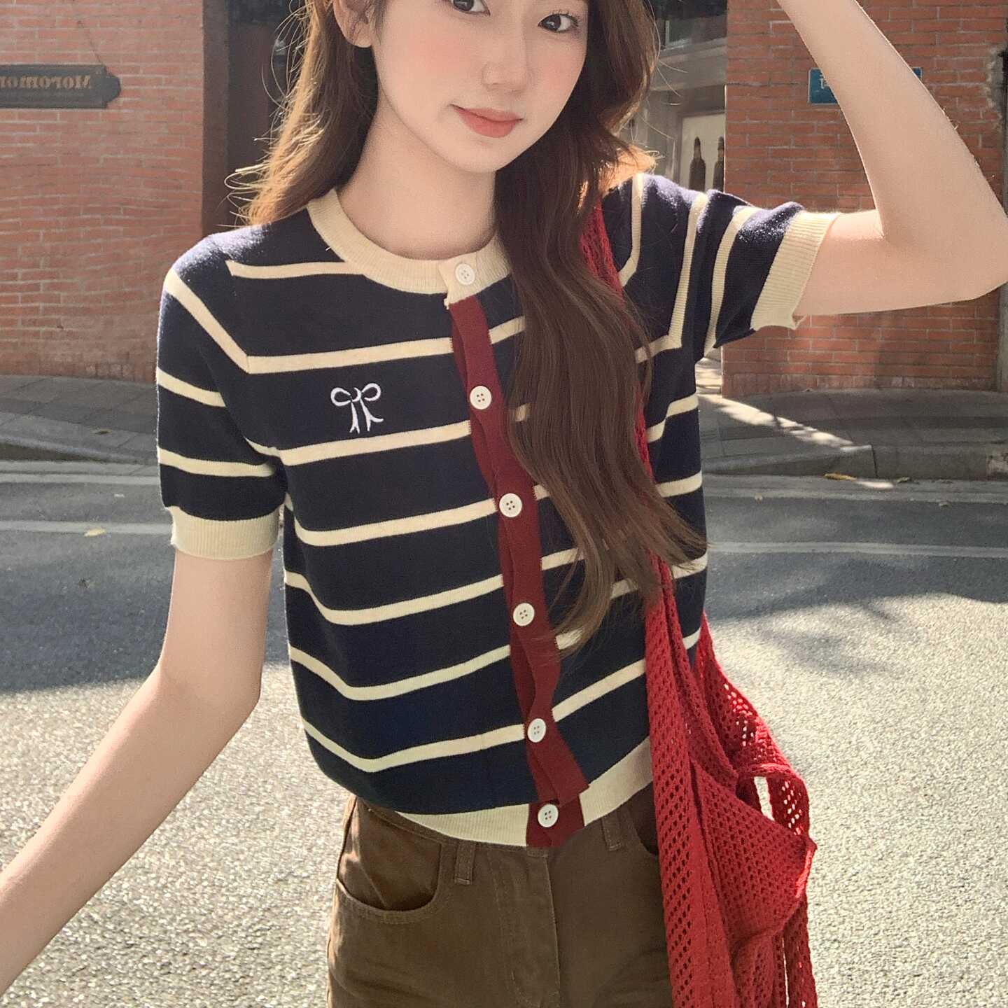韓版撞色條紋蝴蝶結短袖針織開衫女2026夏季新款修身顯瘦氣質上衣