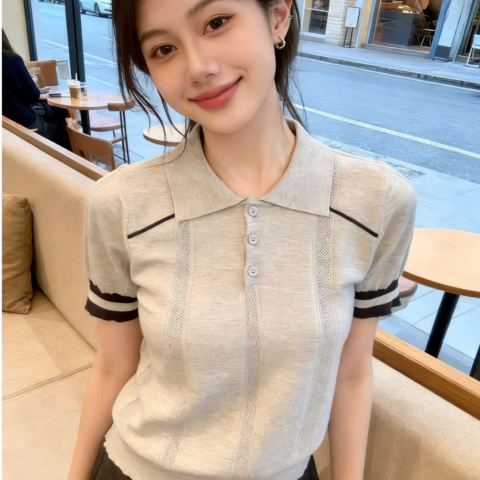 夏季新款學院風撞色翻領短袖針織衫女時尚百搭減齡修身短款上衣女