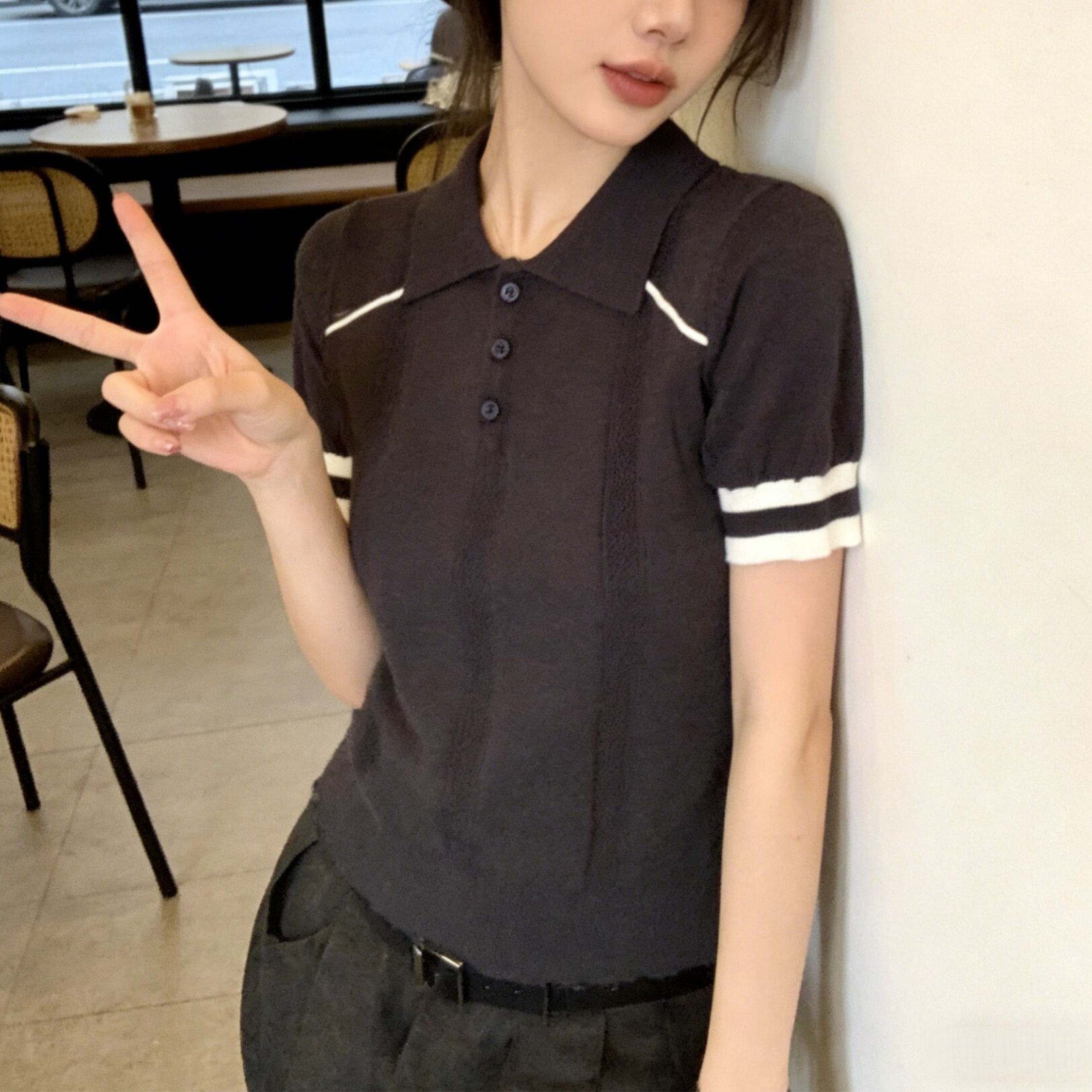 夏季新款學院風撞色翻領短袖針織衫女時尚百搭減齡修身短款上衣女