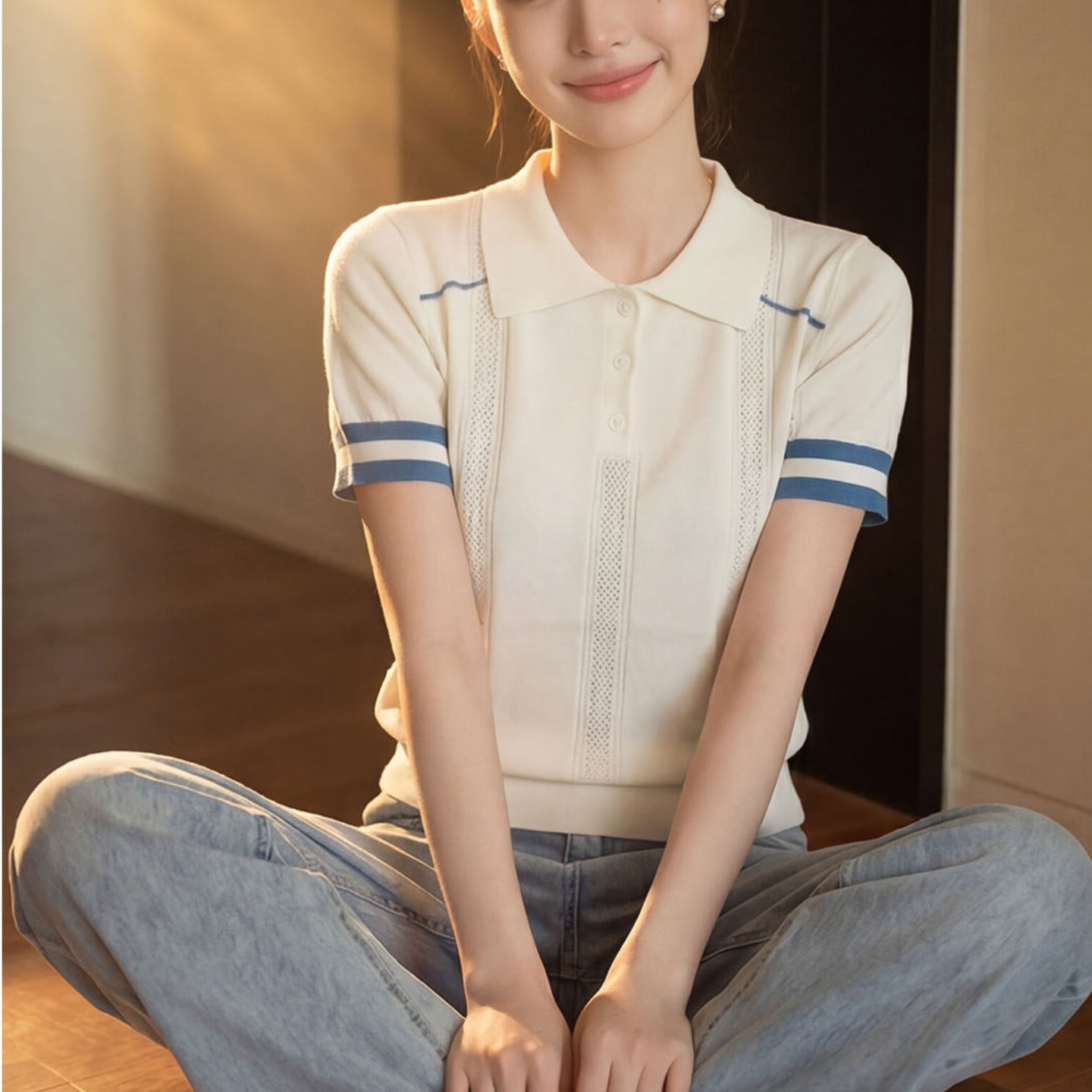 夏季新款學院風撞色翻領短袖針織衫女時尚百搭減齡修身短款上衣女