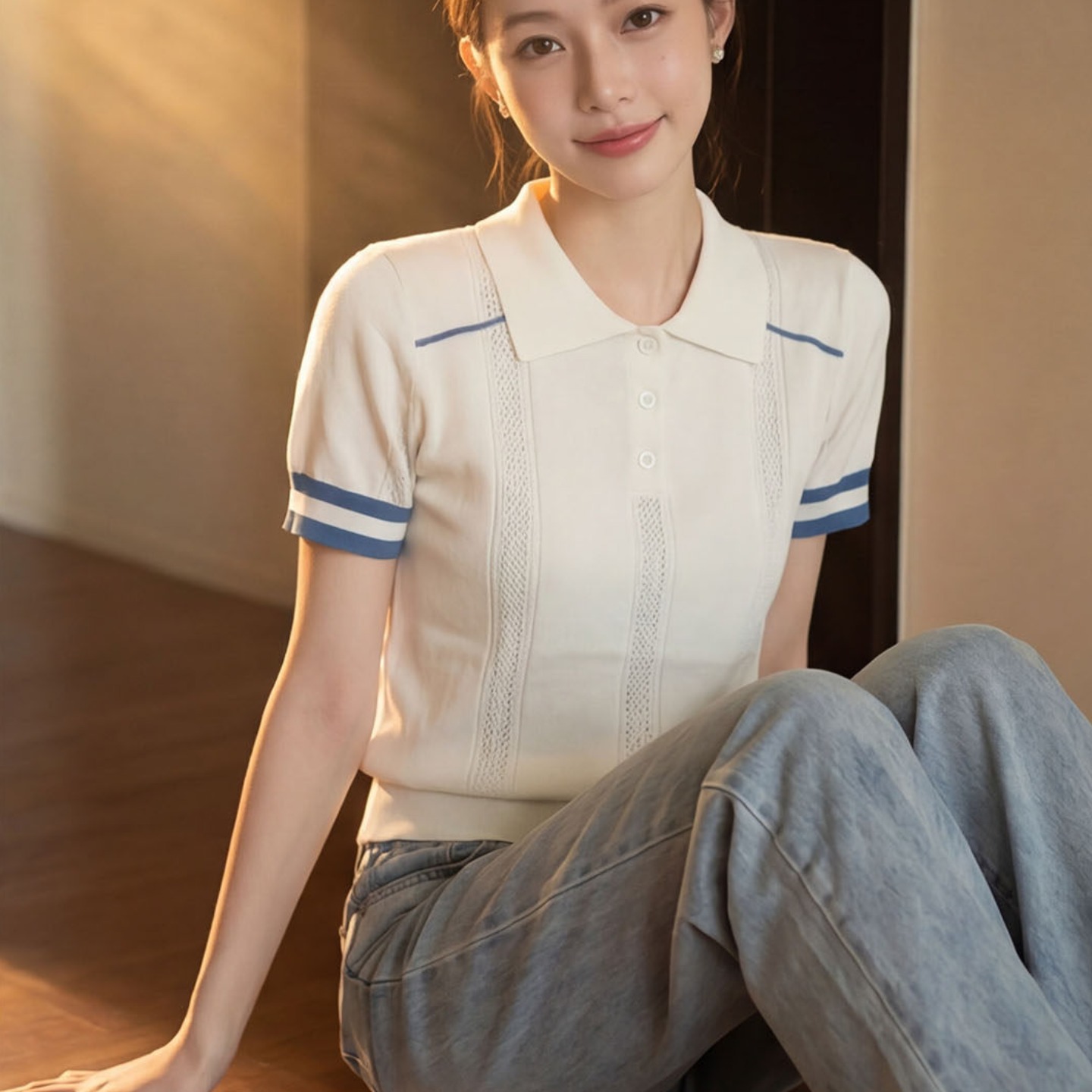 夏季新款學院風撞色翻領短袖針織衫女時尚百搭減齡修身短款上衣女