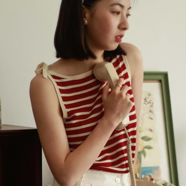 一字領條紋吊帶小背心女夏季新款清涼打底衫港風復古外穿上衣薄款