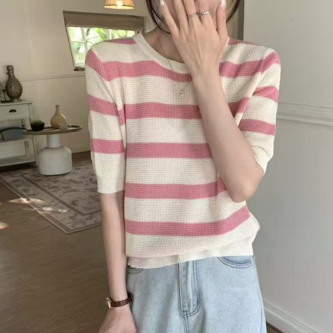 時髦洋氣撞色條紋圓領針織衫女短袖恤韓版設計感顯瘦純欲風上衣
