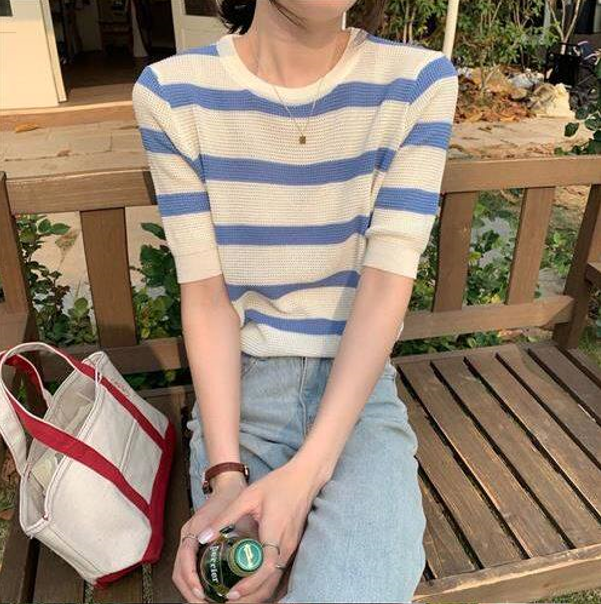 時髦洋氣撞色條紋圓領針織衫女短袖恤韓版設計感顯瘦純欲風上衣