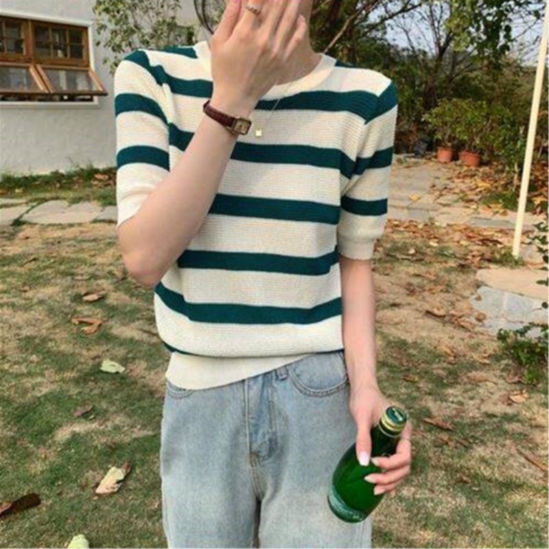 時髦洋氣撞色條紋圓領針織衫女短袖恤韓版設計感顯瘦純欲風上衣
