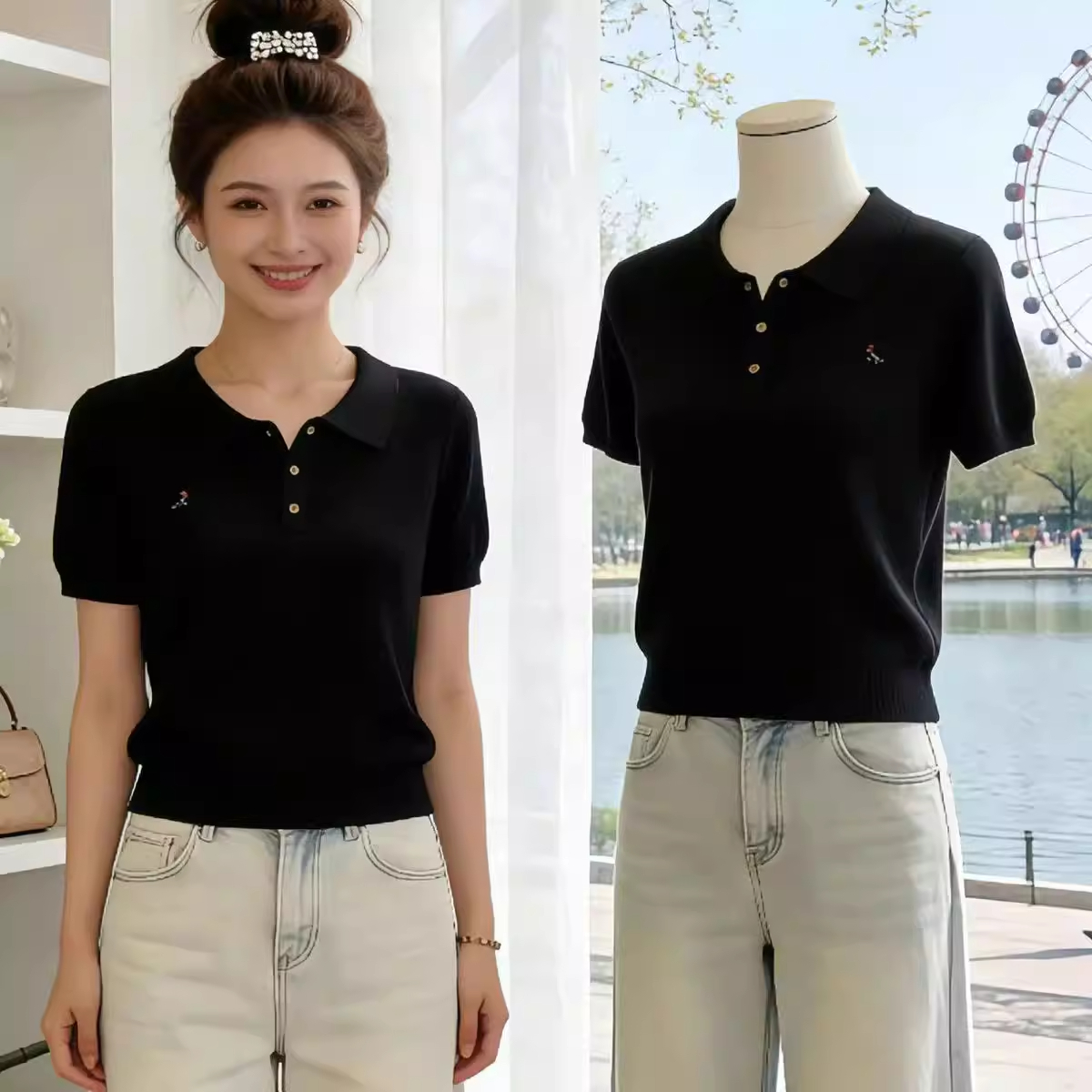 學院風氣質polo領藍色短袖T恤女裝2026夏季新款辣妹百搭修身上衣