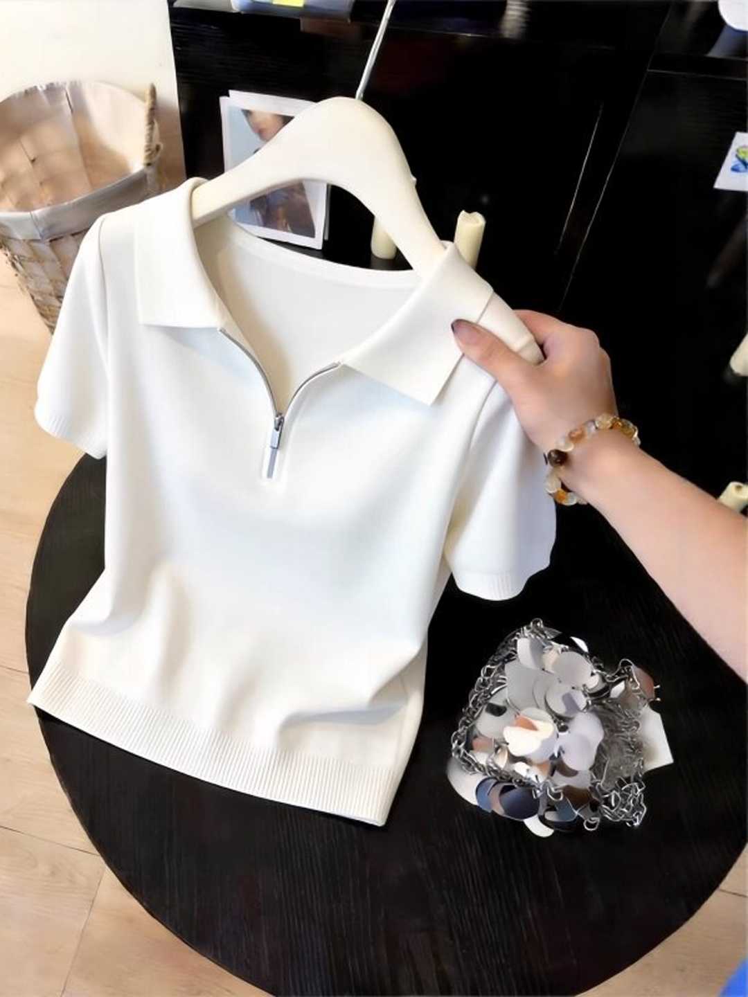 2026新款polo領半拉鏈短袖針織衫女款夏季設計感修身小眾上衣女