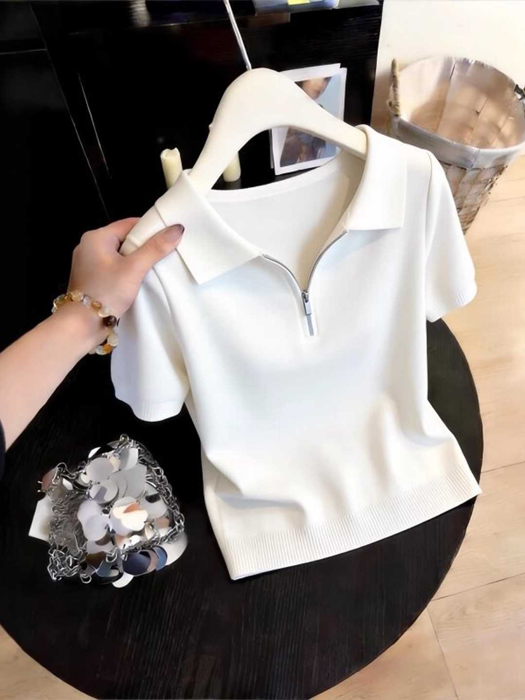 2026新款polo領半拉鏈短袖針織衫女款夏季設計感修身小眾上衣女