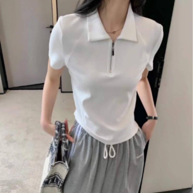 2026新款polo領半拉鏈短袖針織衫女款夏季設計感修身小眾上衣女