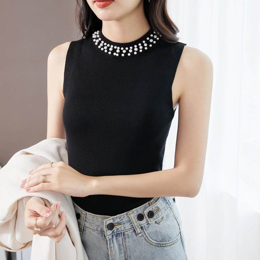 大碼純色高級感釘珠吊帶背心女內搭時尚百搭無袖上衣針織打底小衫