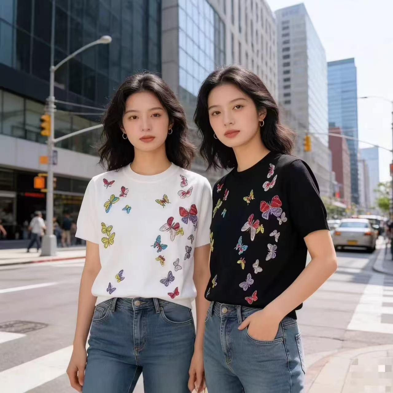 夏季新款重工彩色蝴蝶刺繡短袖針織衫女圓領顯瘦上衣設計感T恤