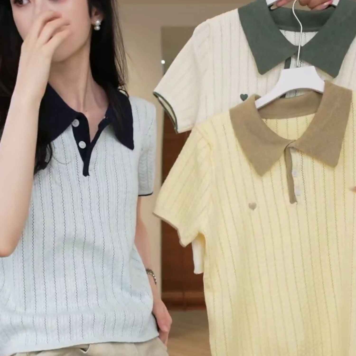 學院風撞色麻花Polo領短袖針織衫女2026夏季新款洋氣減齡百搭上衣