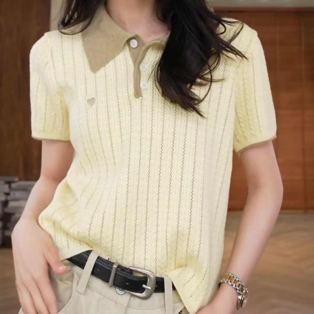 學院風撞色麻花Polo領短袖針織衫女2026夏季新款洋氣減齡百搭上衣