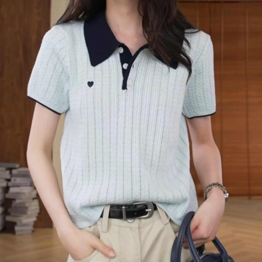 學院風撞色麻花Polo領短袖針織衫女2026夏季新款洋氣減齡百搭上衣