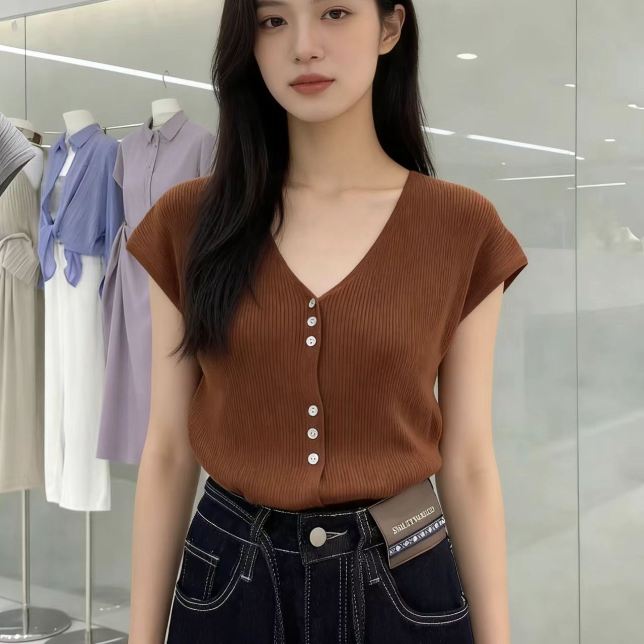 法式v領針織t恤女夏季修身顯瘦設計感氣質開衫小飛袖短袖針織上衣