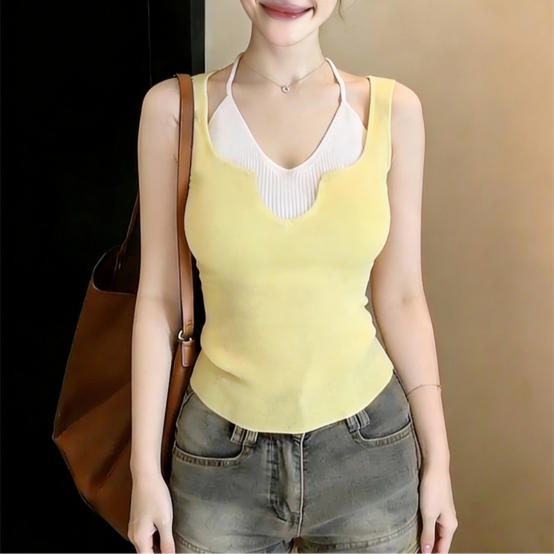 辣妹休閑假兩件吊帶背心女獨特設計感小眾修身純欲夏外穿無袖上衣