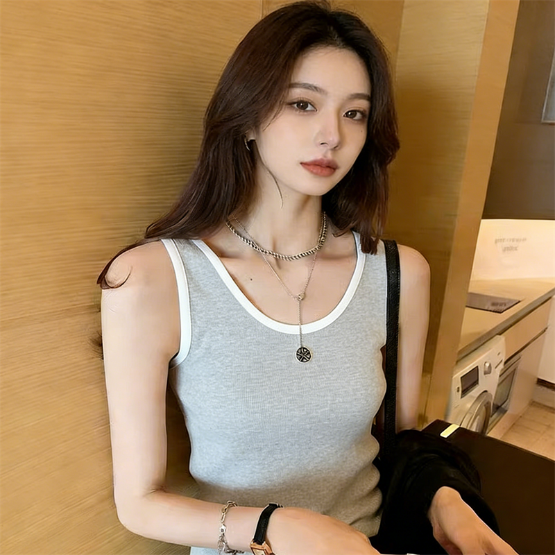 美式休閑辣妹復古包邊領修身無袖針織T恤背心女辣妹風露臍上衣ins