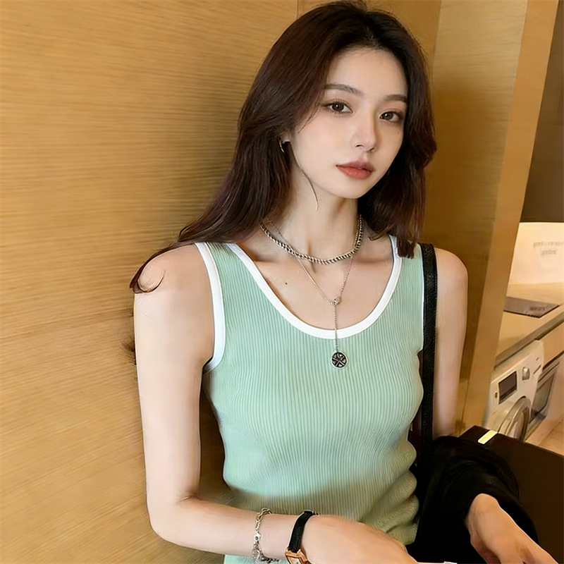 美式休閑辣妹復古包邊領修身無袖針織T恤背心女辣妹風露臍上衣ins