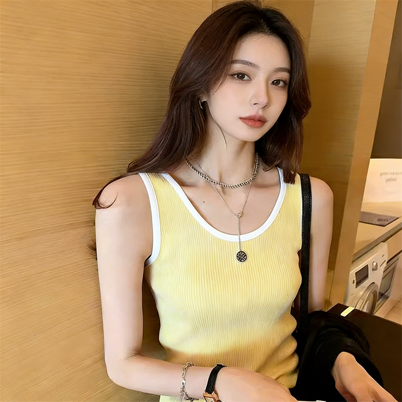 美式休閑辣妹復古包邊領修身無袖針織T恤背心女辣妹風露臍上衣ins