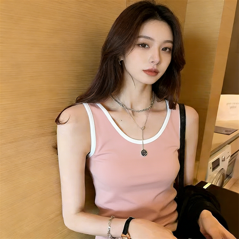 美式休閑辣妹復古包邊領修身無袖針織T恤背心女辣妹風露臍上衣ins