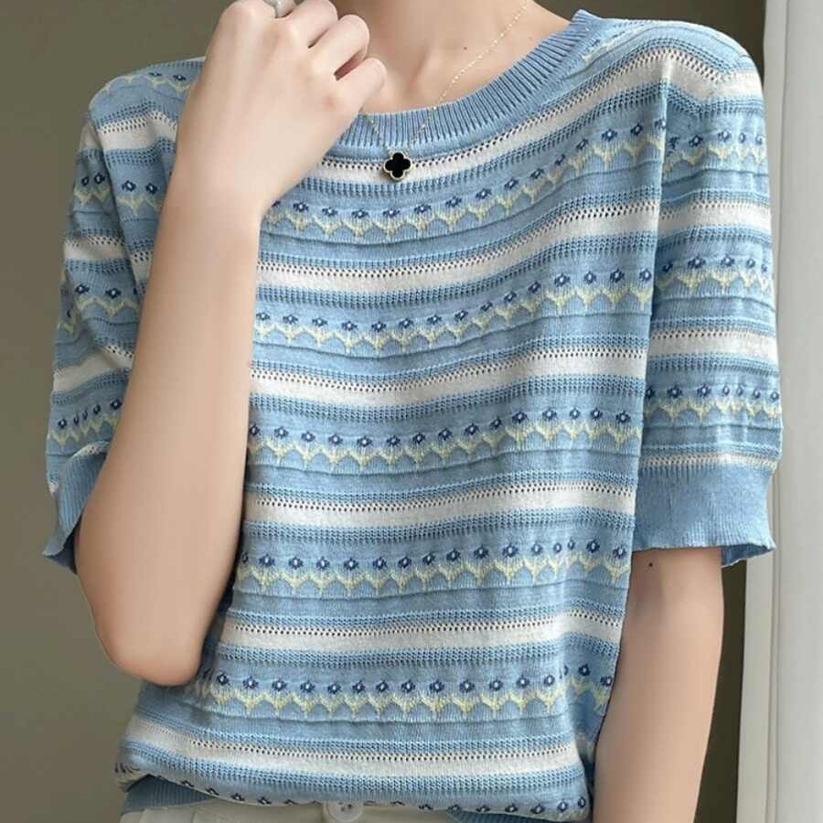 夏裝條紋冰絲針織短袖t恤女2026新款小個子爆款夏季半袖體恤上衣