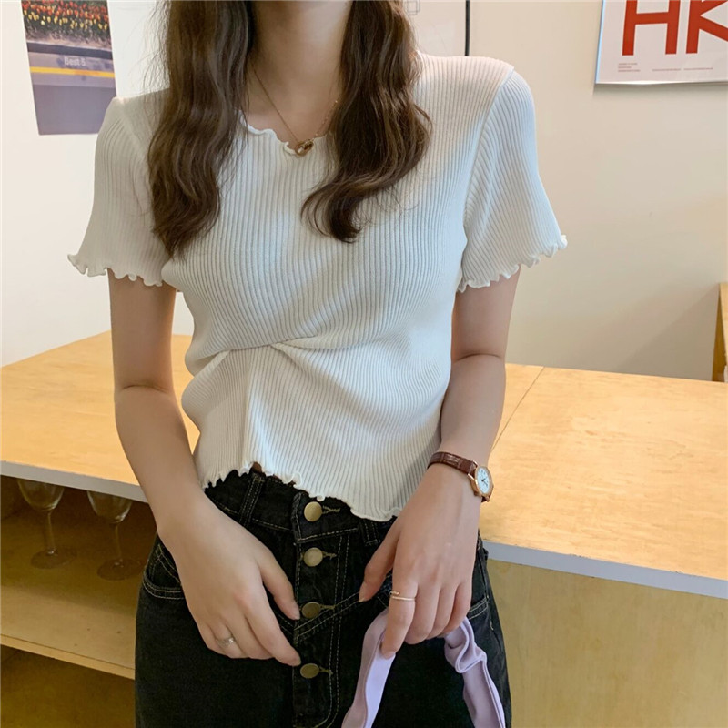 夏季2026年新款木耳邊短袖針織衫灰色冰絲T恤女修身短款上衣高腰
